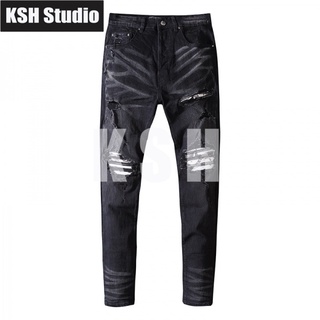 OFF AMIRI Black Cow Washed Hole Distressed Contrast Color Patchwork Slim Jeans Mens High Street European a