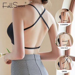 Fallsweet ชุดชั้นในสปอร์ตบรา  Backless Bra ไร้รอยต่อ พลัสไซซ์ เปลือยหลัง เก็บทรง เสริมหน้าอก ชุดชั้นในกีฬา นอนหลับ ทองเหลือง