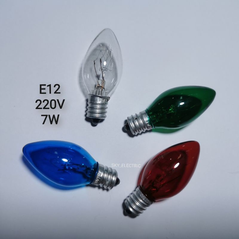 หลอดไฟชนิดไส้ ขั้วE12 220V 10W หลอดศาลเจ้า ตี่จู้ มี5สี ใส แดง น้ำเงิน เขียว เหลือง ส้ม ม่วง