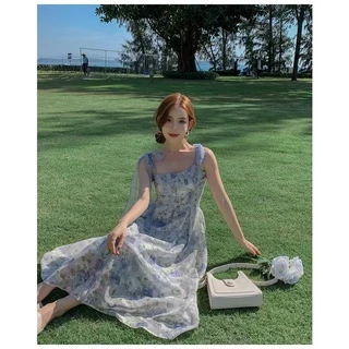 cherryshop พร้อมส่ง🔥เดรส🌸เดรสสลิงลายดอกไม้ฝรั่งเศส เดรสยาวอ่อนโยนและสง่างาม