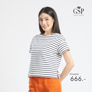 GSP เสื้อยืด เสื้อยืดผู้หญิง Blouse แขนสั้นลายริ้วสีขาวกรม Lucky Stripes (PYAMNV)