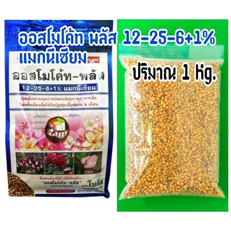 ปุ๋ยออสโมโค้ท พลัส 12-25-6+1% แมกนีเซียม ปุ๋ยละลายช้า ออสโมโค้ท แบ่งขาย 1 กิโล( ชนิดแบ่งขายถุงซิปใสแบบในรูป )