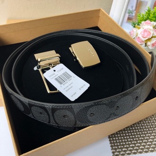 👑ผ่อน0%~แท้100%👑เข็มขัดชาย  Coach F65242 Signature Charcoal Black Cut to Size Reversible Belt In Gift Set