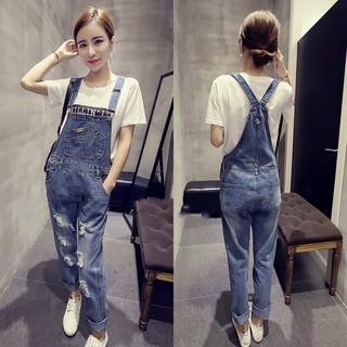 ชุดเอี้ยมกางเกงขายาว ผ้ายีนส์ สไตล์สาวเซอน่ารัก สี Blue Jean (Size: M)