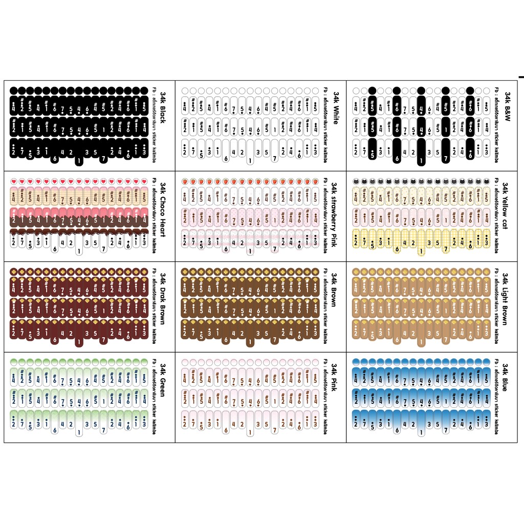 สติ๊กเกอร์ติดคาลิมบ้า แบบ34 คีย์ (Kalimba sticker) คาลิมบ้า สติ๊กเกอร์ ชุด1