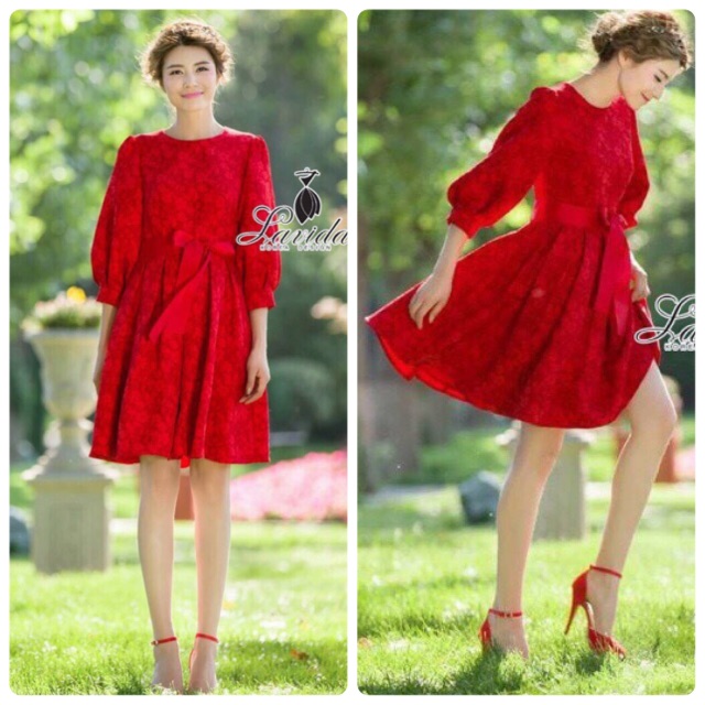 🍭 Korea Design By Lavida elegance balloon shape sleeve flower printed red dress