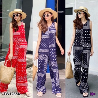 Jumpsuit จั๊มสูทแขนกุด ขายาว ซิปหลัง ทรงนี้ใส่ง่าย มีกระเป๋าทั้งสองข้าง เนื้อผ้า 100D พิม์ลายโบฮีเมียน