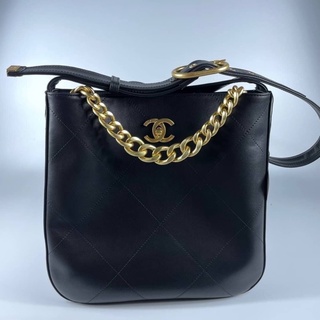 Chanel Drawstring Bucket Metiers Dart Hippie Striped Black Calfskin Leather Shoulder Bag