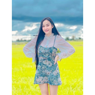 เดรสกระโปรงผ้าทอเสื้อแขนยาวระบายกระดุมหน้า