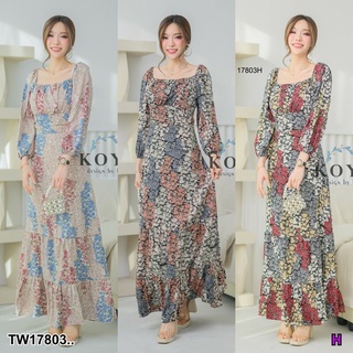 MM17803 แม็กซี่เดรสยาวลายดอกไม้ เชือกผูกเอว Long floral maxi dress with drawstring waist ..