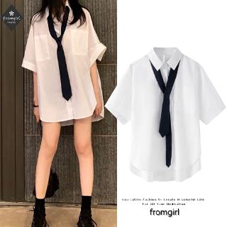 เสื้อเชิ้ตสีขาว แขนสั้น แบบบาง ทรงหลวม สำหรับผู้หญิง