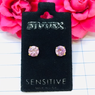 ✅ต่างหูเพชร Cubic Zirconia กลมสีชมพู สำหรับผู้แพ้ง่าย Earring for sensitive ears made in USA สแตนเลสเกรดเครื่องมือแพทย์