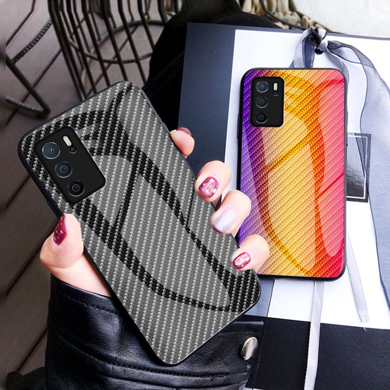 เคส OPPO A16 A94 A93 A74 4G 5G A73 A54 A53 A33 A15s A15 Find X3 Pro Hardcase Carbon Fiber Pattern Tempered Glass Casing Silicon Soft Edges Shell Cover เคสโทรศัพท์ OPPOA16 Phone Case