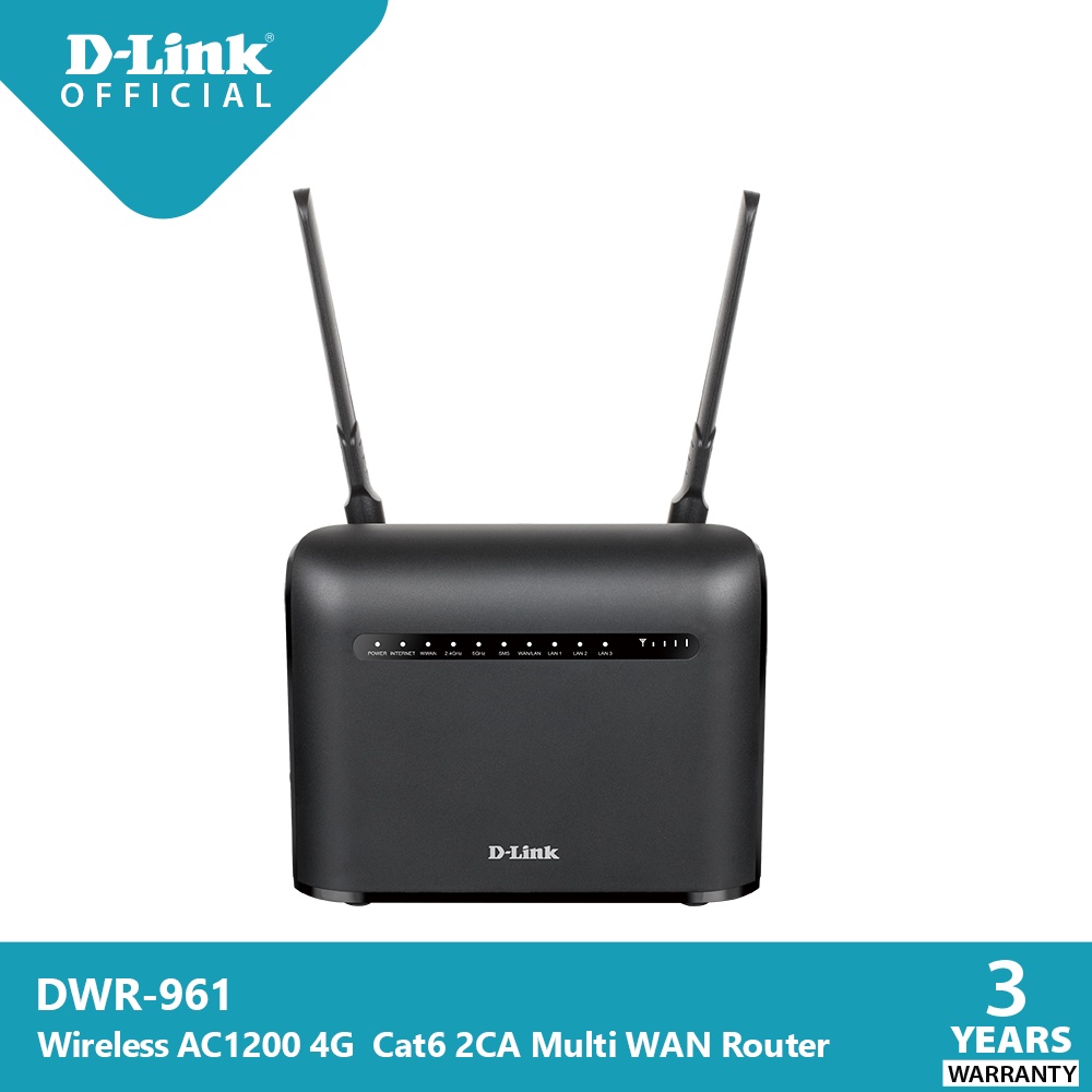 D-Link DWR-961 AC1200 4G+ LTE Cat6 2CA Router เร้าเตอร์ใส่ซิม 4G รองรับ 2CA ความเร็ว 300Mbps ใส่ซิม 4G ได้ทุกเครือข่าย