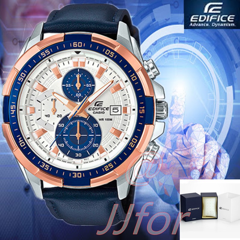 Casio Edifice รุ่น EFR-539L-7CV สินค้าขายดี นาฬิกาข้อมือผู้ชาย สายหนังแท้(Rose gold and Blue)