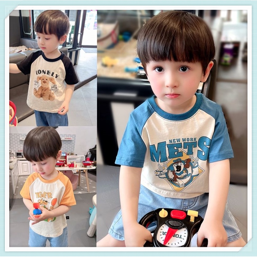 เสื้อยืดแขนสั้นผ้าฝ้าย Raglan สำหรับเด็กชาย/ฤดูร้อนที่นุ่มสบายการ์ตูนอะนิเมะพิมพ์ลายเย็บรอบคอเสื้อยืด