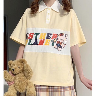 Summer sweet cute Japanese style preppy style loose multicolor cartoon printed polo shirt lapel short sleeve T-shirt wit