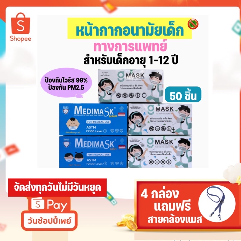 🚩🚩หน้ากากเด็ก​ แมสเด็ก​ ทางการแพทย์​ Medimask Glucky ไม่ระคายเคือง​ บรรจุ​ 50​ ชิ้น*
