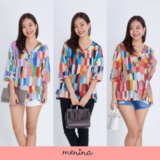 Menina - MNN7274 เสื้อคอตตอนคอวีลายกราฟฟิคสีสด