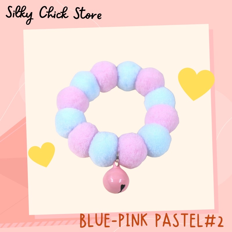 ปลอกคอ Blue-Pink Pastel #2 พรีเมียม ปอม ปอม Collar [Rubber type]