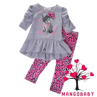 OGB-2pcs เด็กผู้หญิงเด็ก Cat เสื้อ Tops + Leopard กางเกง Leggings Outfits เสื้อผ้า 2-7Y