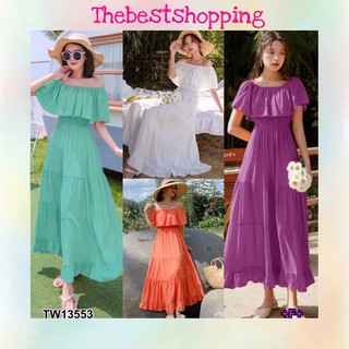 Thebest :: Maxi dress แมกซี่เดรสเปิดไหล่ แขนระบาย มี 4 สี ผ้าอิตาลี่ (No.8.2) 💐