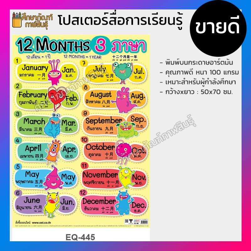 โปสเตอร์หัดอ่าน แบบหัดอ่าน 12 Months เดือน 3ภาษา ภาษาอังกฤษ ไทย จีน EQ-445 โปสเตอร์สื่อการเรียนรู้
