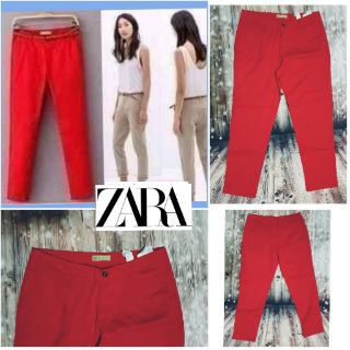 ZARA กางเกง ขายาว  ซิปหน้า ผ้าคอตตอนสีแดง  กระเป๋าข้าง สวย ใส่สบายคะ