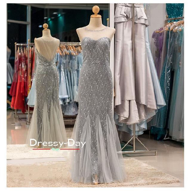 ชุดราตรียาวแขนกุด ชุดไปงานแต่งกลางคืน ชุดราตรีคนอ้วน สวยๆ PFL021-GRY เทา/เงิน