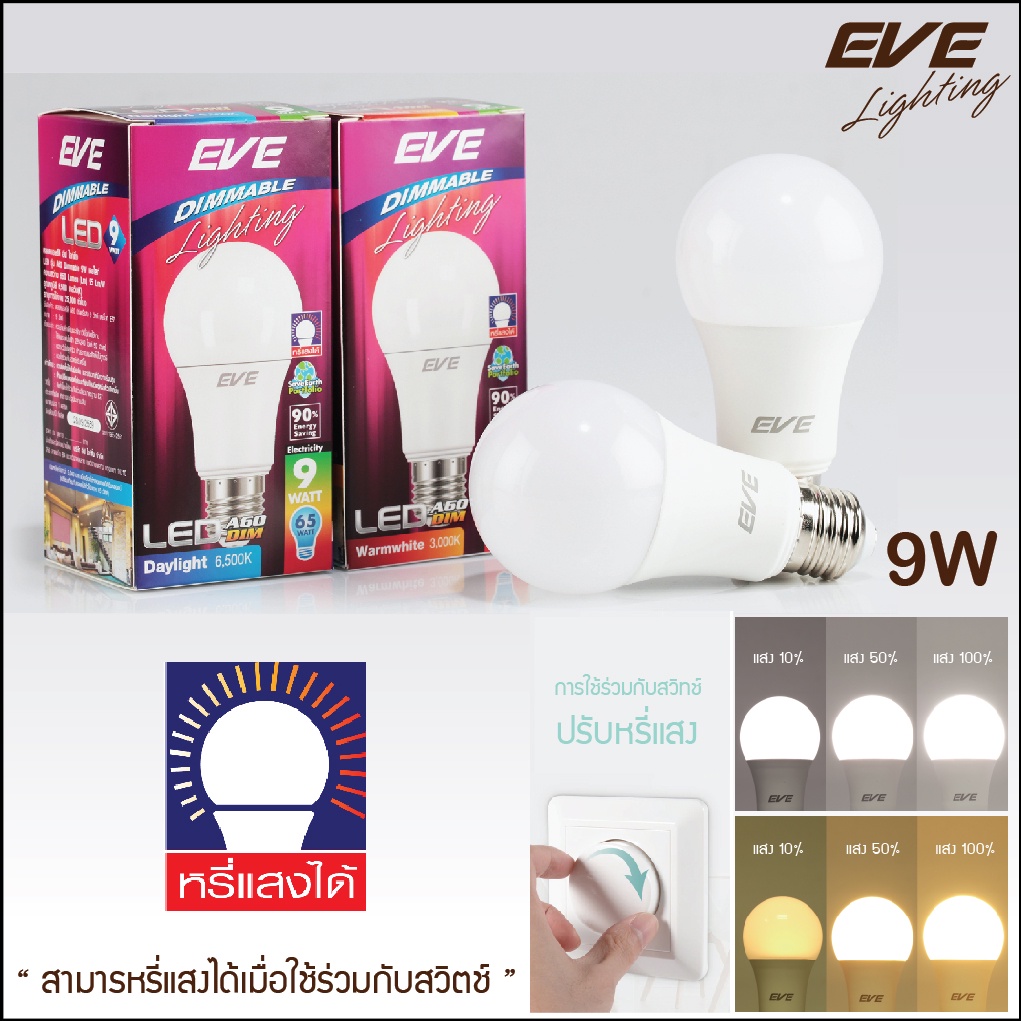 EVE หลอดไฟ ปรับหรี่แสง ดิมเมอร์ หลอด แอลอีดี LED Dimmable 9W ขนาด 9 W แสงขาว แสงเหลือง ขั้วหลอด E27