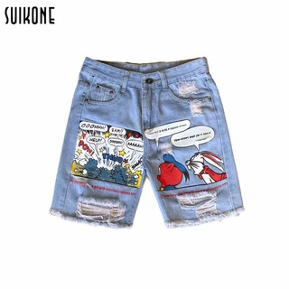 Suikone กางเกงขาสั้นผู้ชายแฟชั่น Casual Ripped Denim Loose Straight Pants