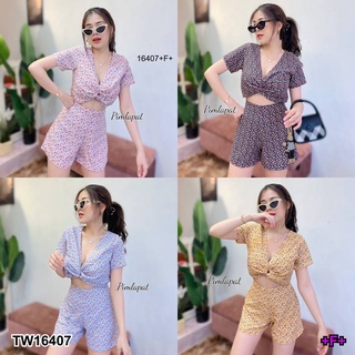 16407 Set 2 ชิ้น ลายดอก เสื้อม้วนอก + กางเกงขาสั้น Set of 2 pieces, floral pattern, roll top + shorts