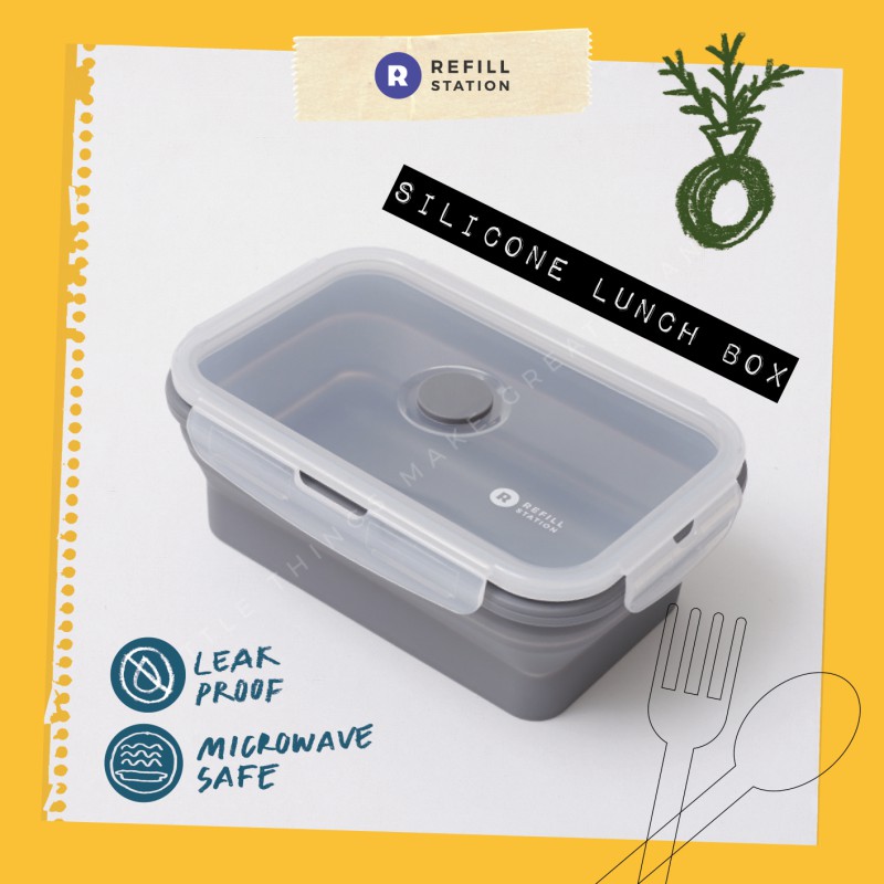 Refill Station - กล่องข้าวพับได้ กล่องข้าวซิลิโคน กล่องอาหารแบบช่องเดียว สีเทา พกพาสะดวก