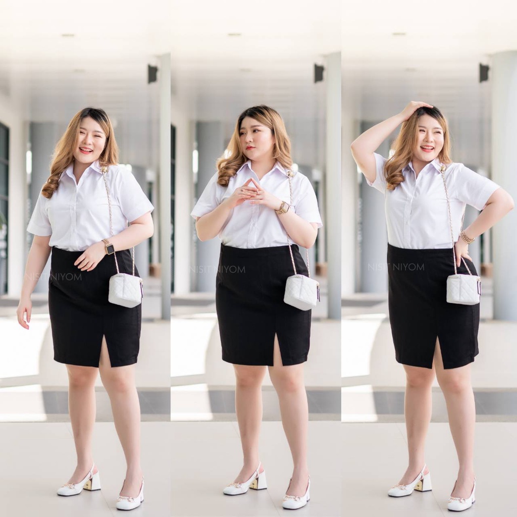 พร้อมส่ง💗ไซต์ใหญ่💗กระโปรงนักศึกษา ทรงเอ ยาว 18, 20 นิ้ว [ผ่าหน้า/หลัง] เอว35-45 - รูปที่ 4