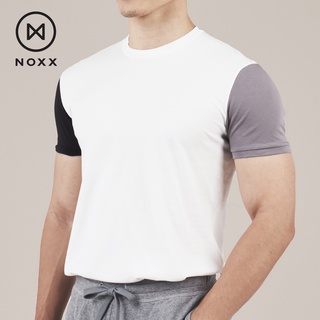 Noxx Round Neck T-shirt: เสื้อยืด คอกลม สีขาว แขนดำ และเทา