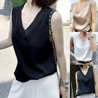 เสื้อยืดสตรีผ้าซาตินคอวีระบายอากาศดี Tops Ol