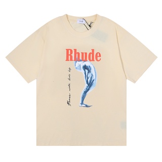 ผ้าฝ้ายคอกลม❤❤พร้อมส่ง❤❤เสื้อยืดลําลอง ผ้าฝ้าย แขนสั้น คอกลม พิมพ์ลาย high street RHUDE ทรงหลวม พลัสไซซ์from S-4XL