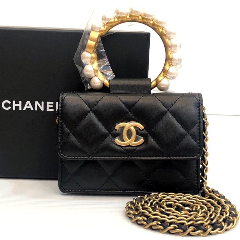 (New) Chanel Mini Clutch Lamb Black GHW with Pearl