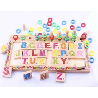 Kentoyshop ของเล่นไม้บล็อกไม้สวมหลักสอนภาษา A-Z &amp; สอนคณิตศาสตร์