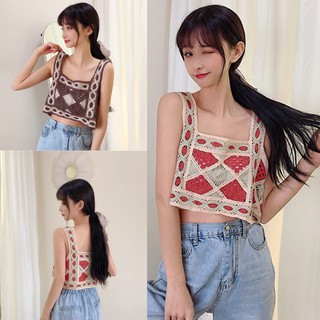 🔥ราคาถูกที่สุด🔥เสื้อครอปสายเดี่ยวใหญ่ ถักลายทูโทน 2 สี ผ้าไหมพรมถัก