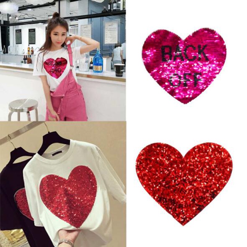 แผ่นแพทช์ ปักเลื่อม รูปหัวใจ สําหรับเย็บเสื้อผ้า DIY