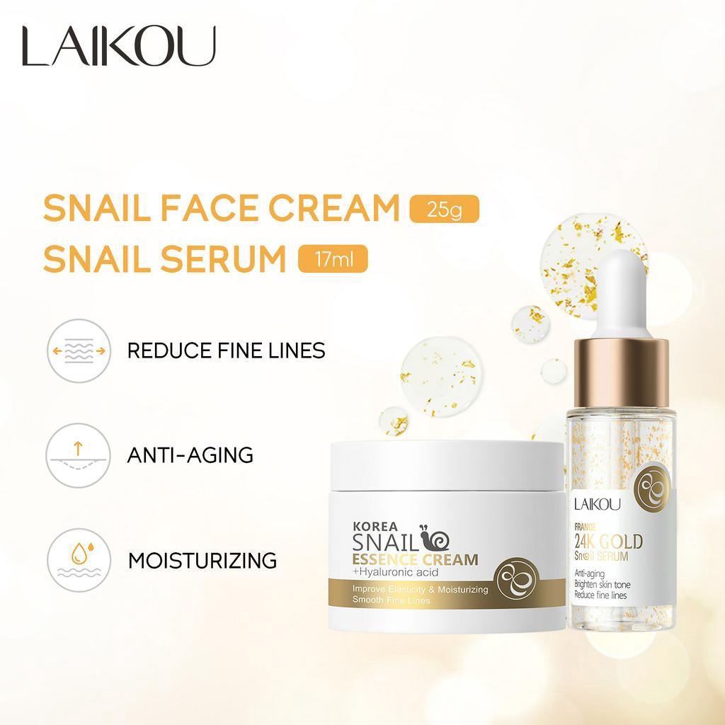 Laikou 24k Gold Snail Face Serum + Snail Extract Face Cream Repairing ลบกระชับไวท ์ เทนนิ ่ ง Skin Care