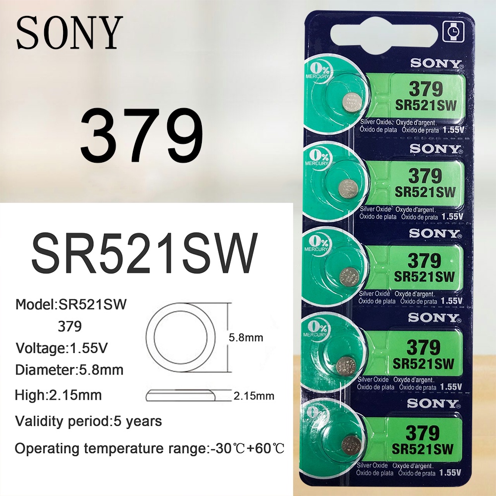 ถ่าน SR521 SW 379 Sony 1.55V แท้100% SR521SW (ถ่านกระดุมใช้งานดีเยี่ยม) 5ก้อน