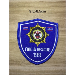 อาร์มปักโลโก้ ดับเพลิง fire&amp;rescue 199 พร้อมติดตีนตุ๊กแก