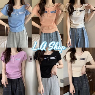 L.A Shop พร้อมส่ง เสื้อไหมพรมแขนสั้น ผ้าร่องดีเทลปักตัวอักษร รูดปรับด้านข้าง "59213"