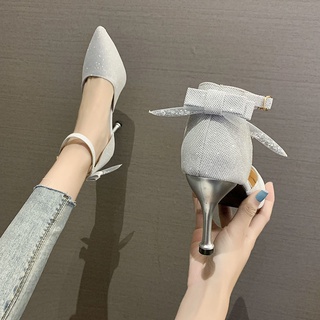 ❦♘○Pointed Toe BUCKLE รองเท้าส้นสูงกลวงผู้หญิง 2021 ส้นโบว์เลื่อมผ้าสไตล์นางฟ้า stiletto รองเท้า