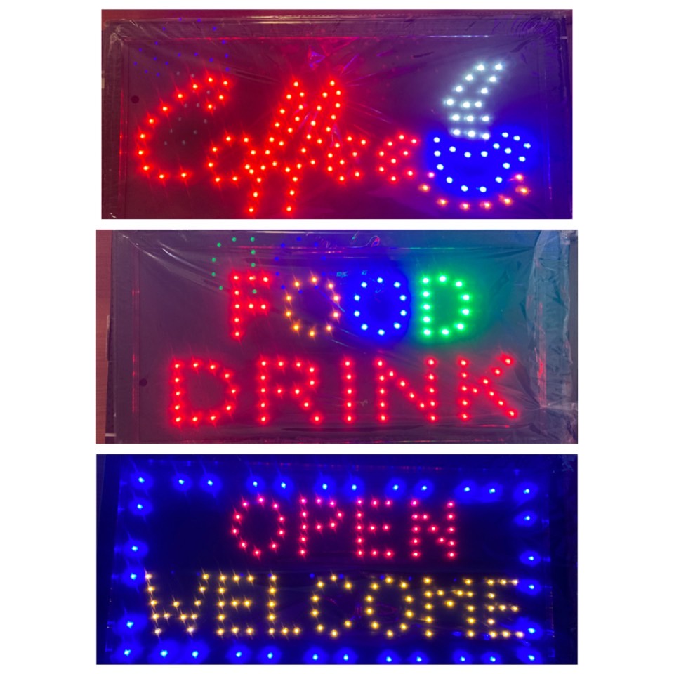 ป้ายไฟ LED ติดผนัง "OPEN WELCOME" , "FOOD & DRINK" , "COFFEE"
