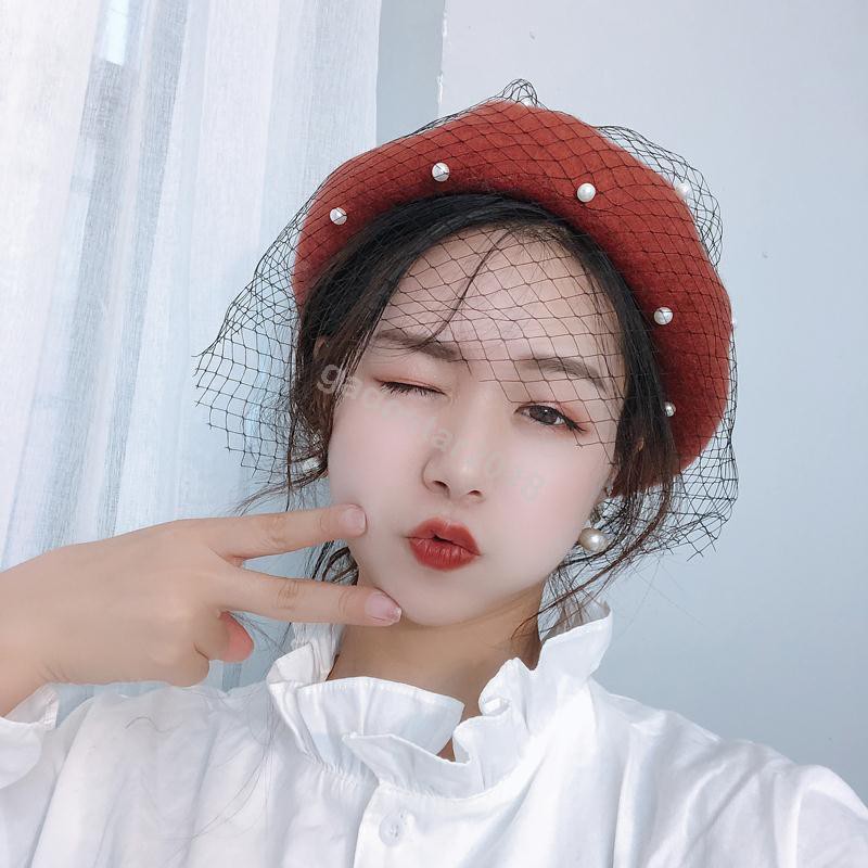 Luna เก็บ หมวก หมวกเบเร่ต์ตาข่ายมุก