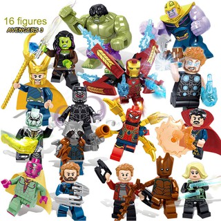 Marvel Super Heros figures โมเดลตัวต่อ 16 ตัว ประกอบด้วย  Iron Man, Thanos, Gamora, Hulk, Doctor Strange และอื่นๆ