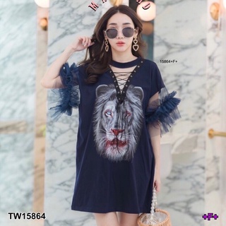 TW15864 Mini Dress มินิเดรส คอวีตอกตาไก่ร้อยเชือก แขนระบายฟรุ้งฟริ้งสวยมาก เนื้อผ้าคอตตอนสกรีนลายหน้าสิงโตเท่ๆ พร้อมส่ง